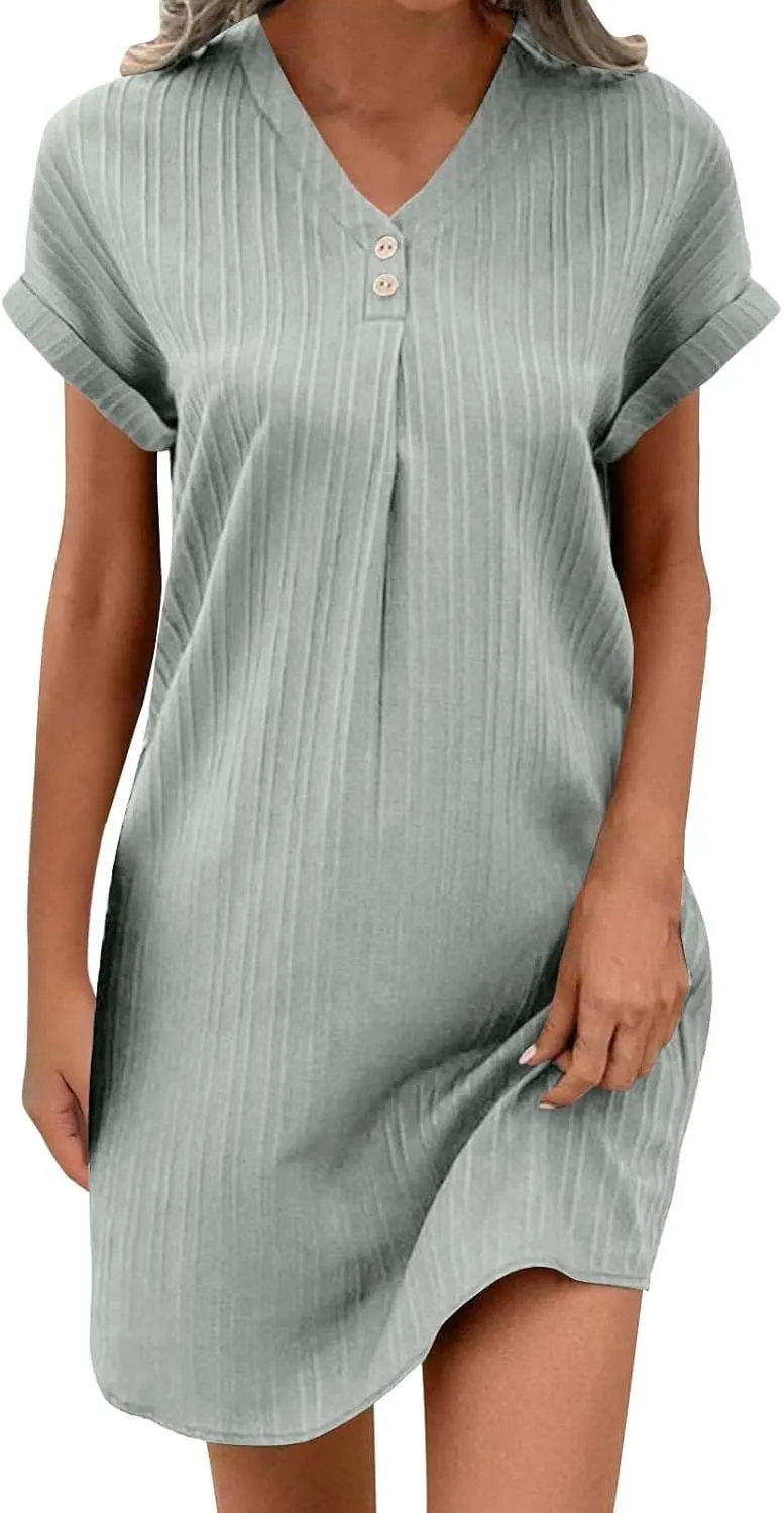 Women Linen Shirts Dresses Plus Size Fashion Button up V-Neck Short Sleeves Cotton Linen Midi Dress Beach Sundress