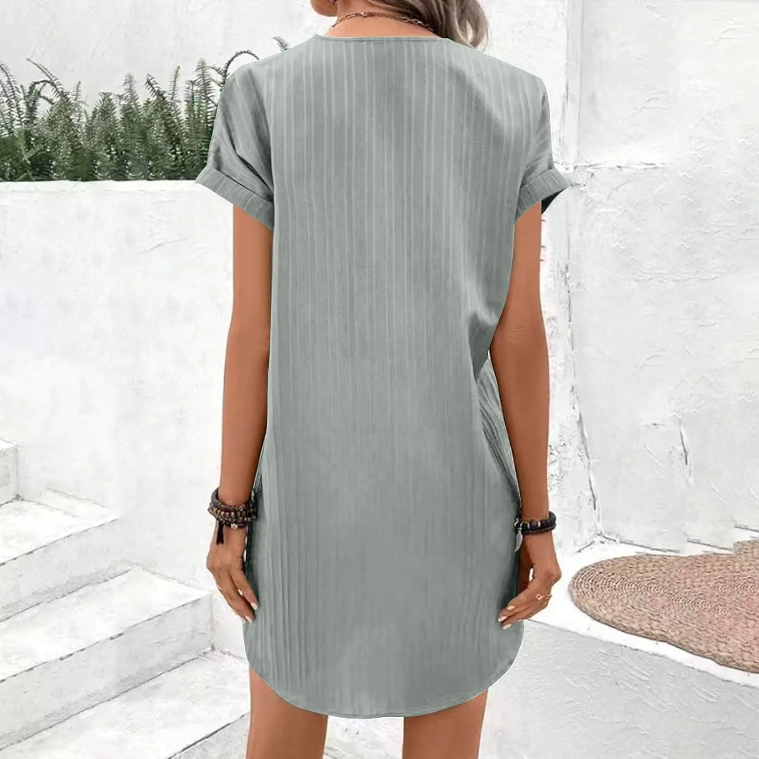 Women Linen Shirts Dresses Plus Size Fashion Button up V-Neck Short Sleeves Cotton Linen Midi Dress Beach Sundress