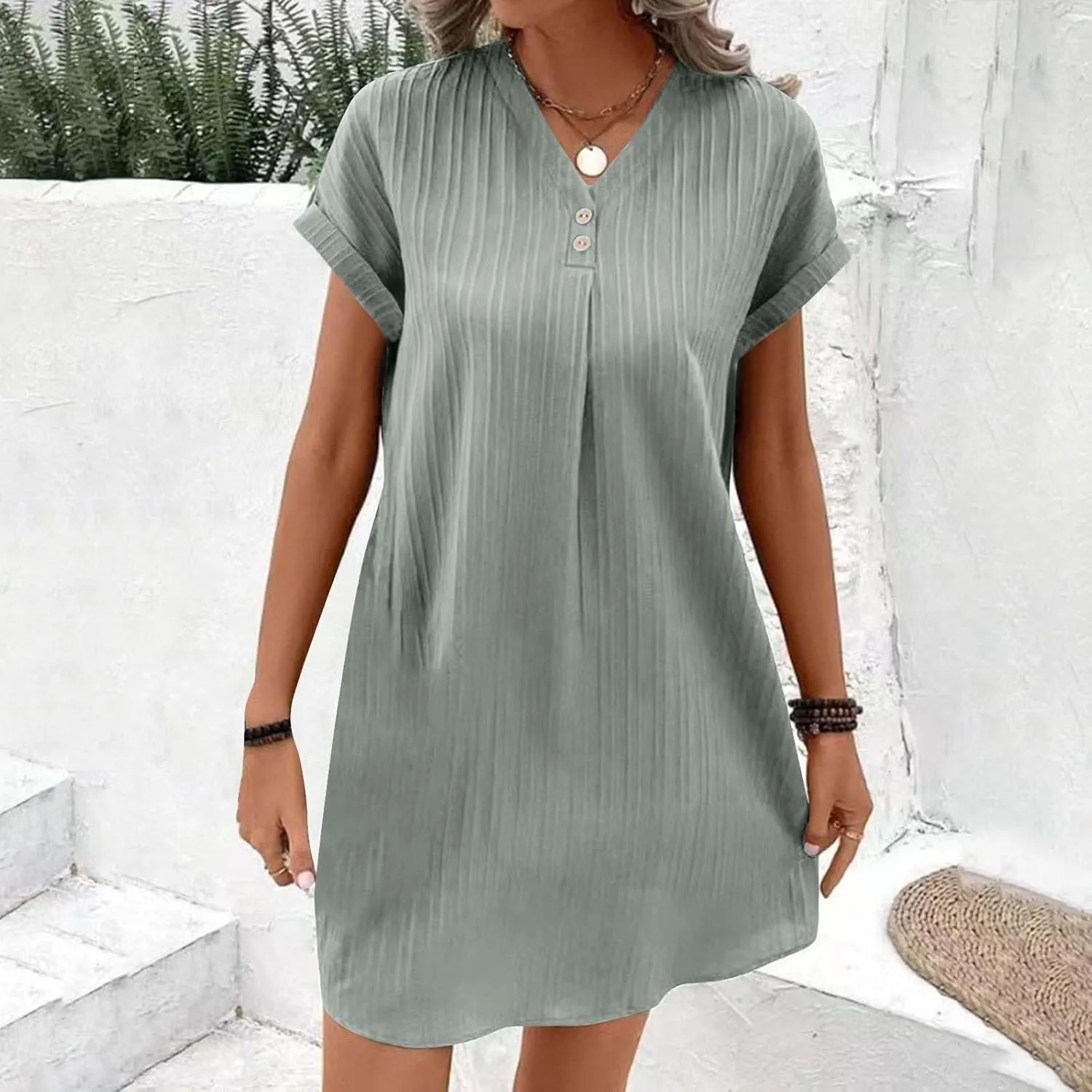 Women Linen Shirts Dresses Plus Size Fashion Button up V-Neck Short Sleeves Cotton Linen Midi Dress Beach Sundress