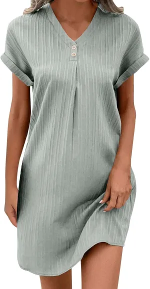 Women Linen Shirts Dresses Plus Size Fashion Button up V-Neck Short Sleeves Cotton Linen Midi Dress Beach Sundress