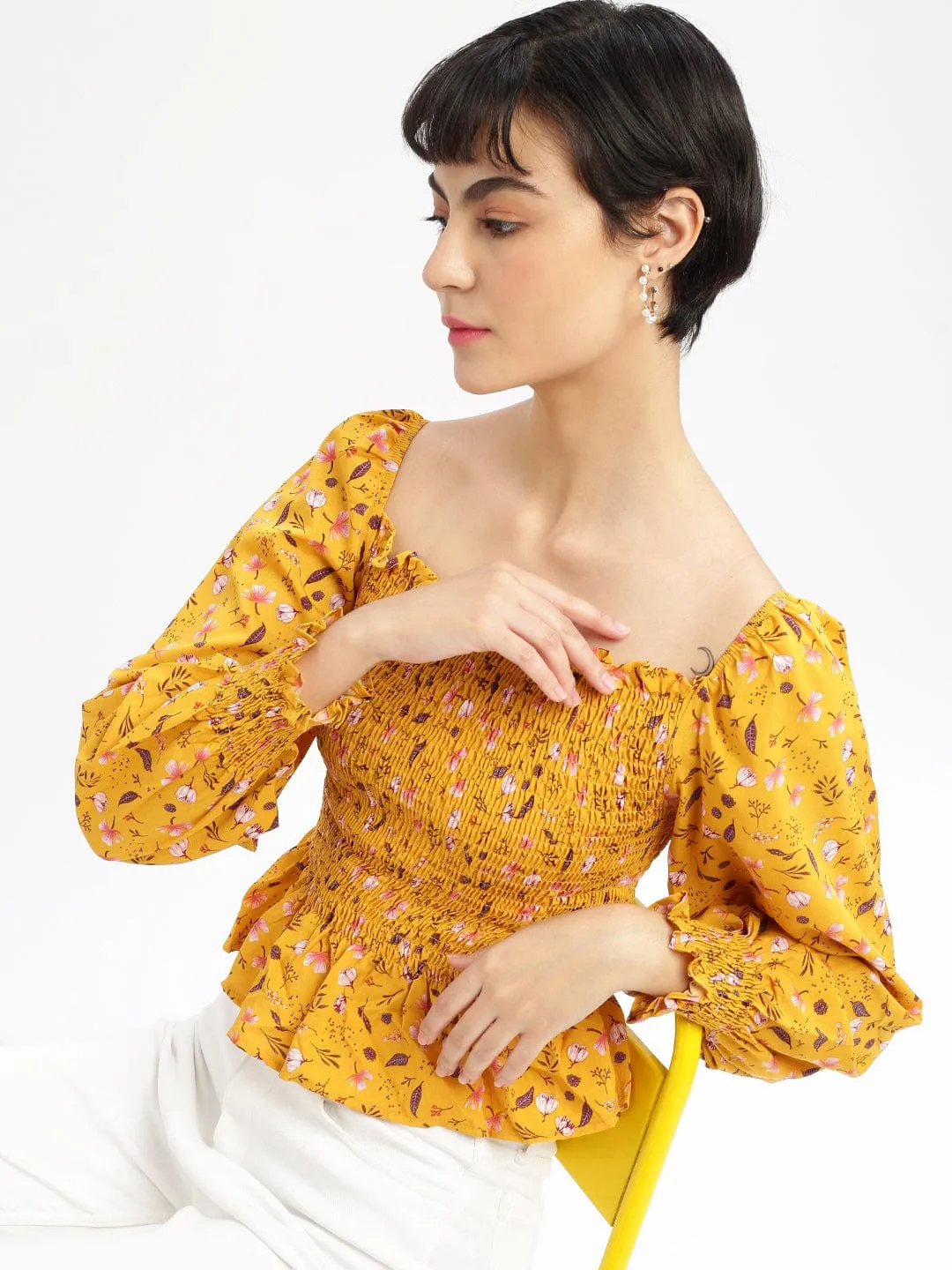 Women Mustard Floral Solid Square Neck Synthetic Crepe Top