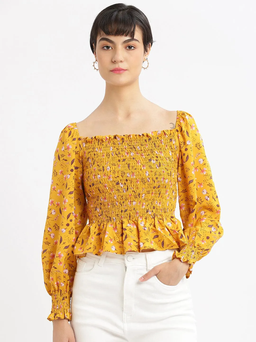 Women Mustard Floral Solid Square Neck Synthetic Crepe Top