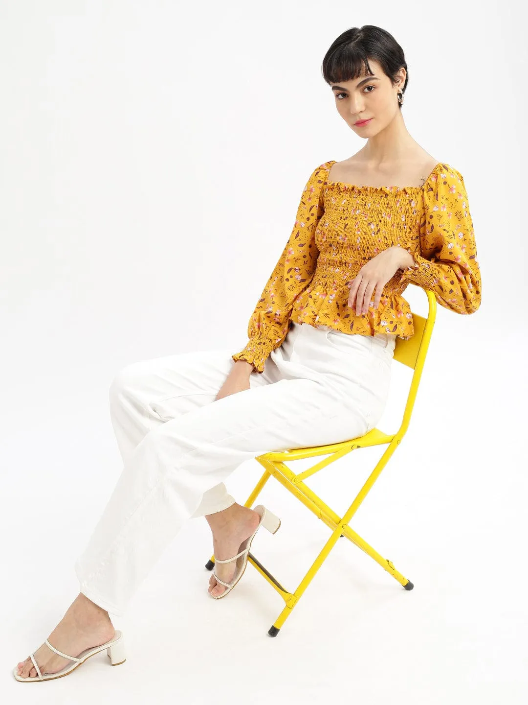 Women Mustard Floral Solid Square Neck Synthetic Crepe Top