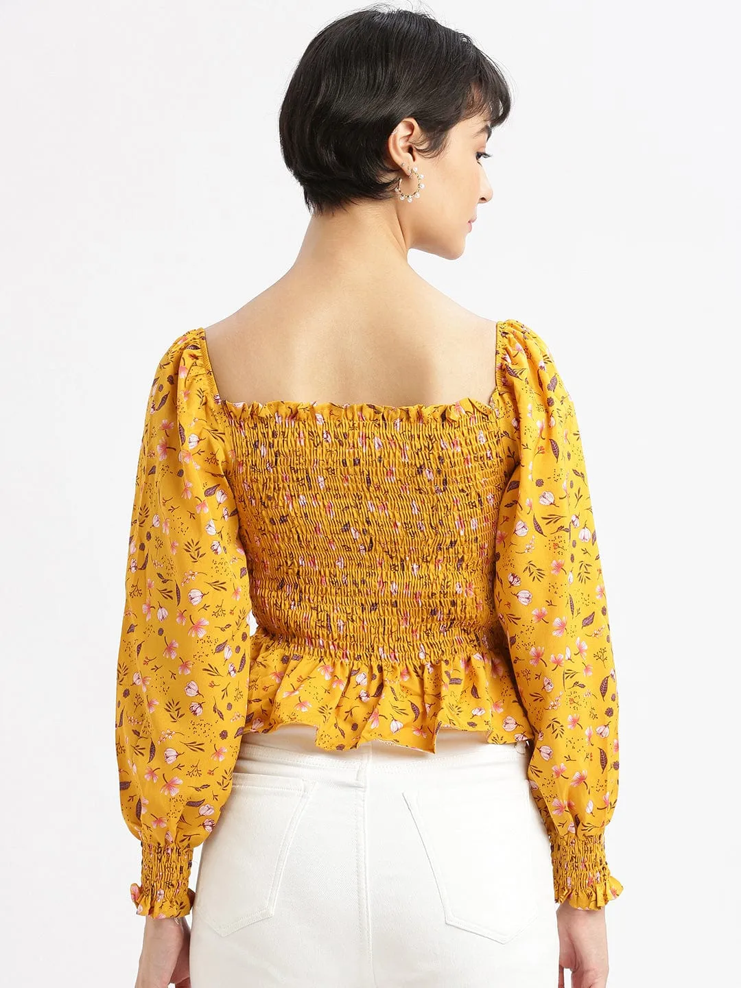 Women Mustard Floral Solid Square Neck Synthetic Crepe Top