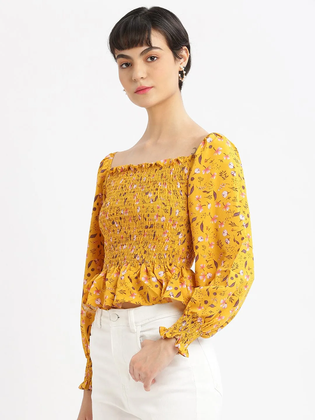 Women Mustard Floral Solid Square Neck Synthetic Crepe Top