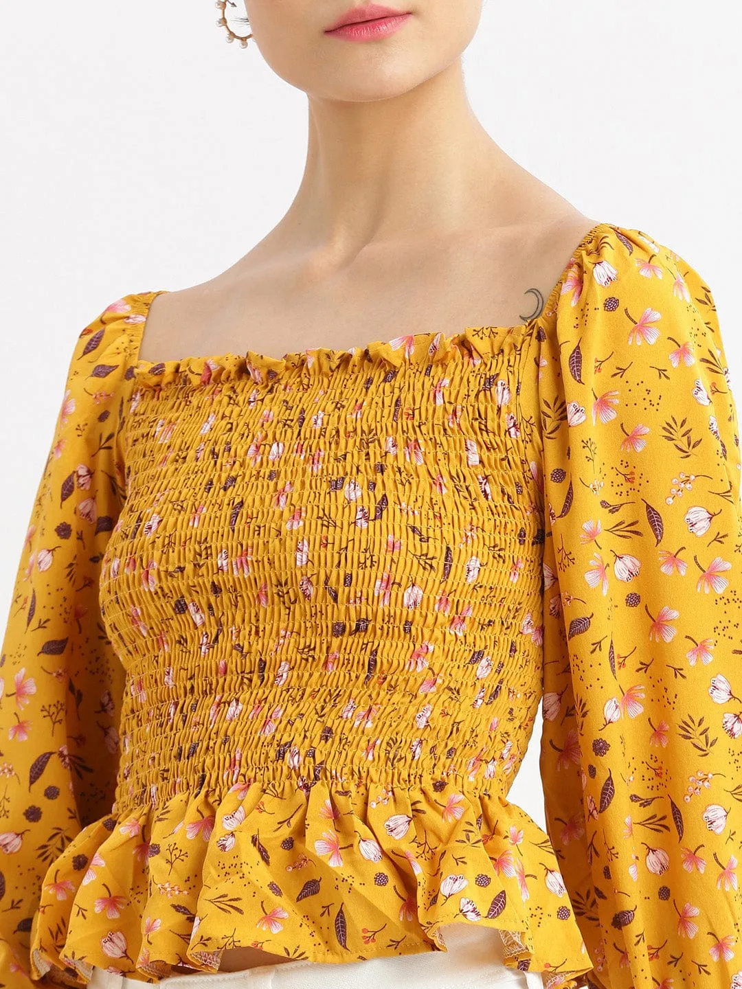 Women Mustard Floral Solid Square Neck Synthetic Crepe Top