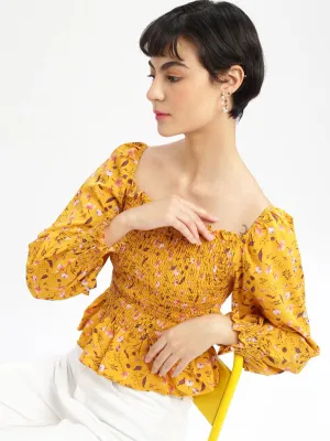 Women Mustard Floral Solid Square Neck Synthetic Crepe Top