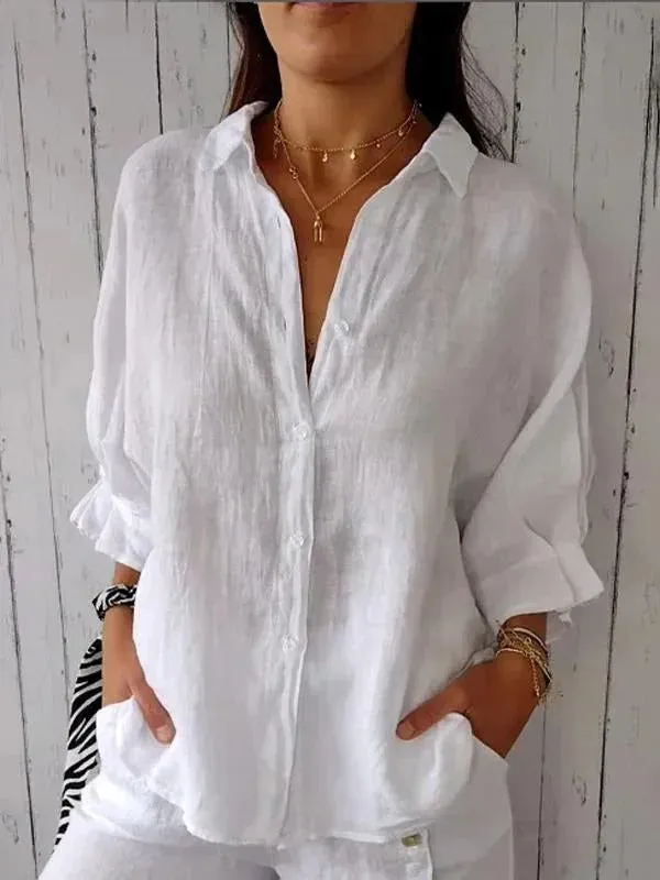 Womens Button-Up Shirt  100% Linen  Relaxed Fit  Long Sleeve  Pointed Collar