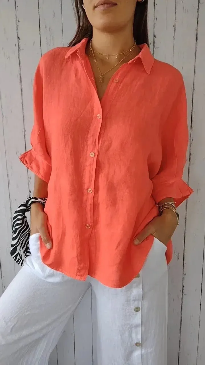Womens Button-Up Shirt  100% Linen  Relaxed Fit  Long Sleeve  Pointed Collar