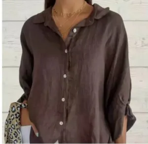Womens Button-Up Shirt  100% Linen  Relaxed Fit  Long Sleeve  Pointed Collar