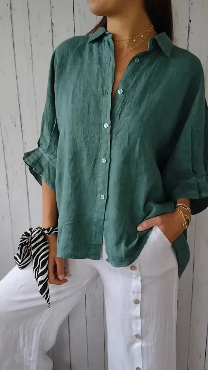 Womens Button-Up Shirt  100% Linen  Relaxed Fit  Long Sleeve  Pointed Collar