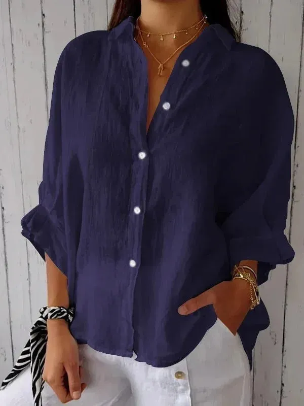 Womens Button-Up Shirt  100% Linen  Relaxed Fit  Long Sleeve  Pointed Collar