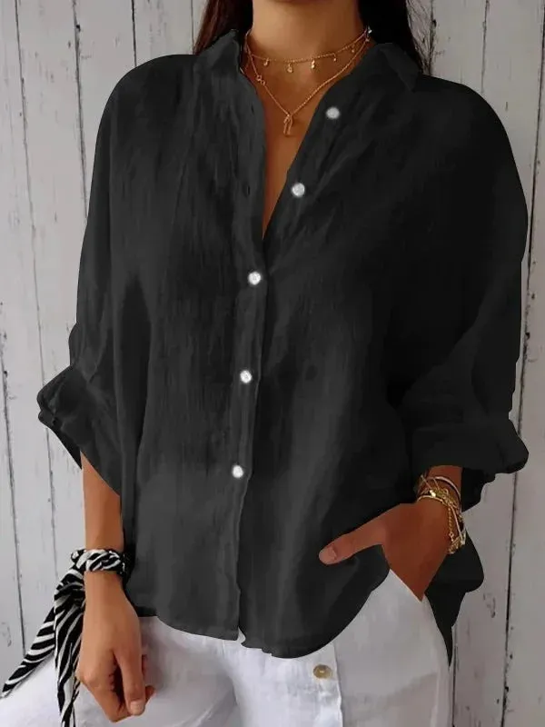 Womens Button-Up Shirt  100% Linen  Relaxed Fit  Long Sleeve  Pointed Collar