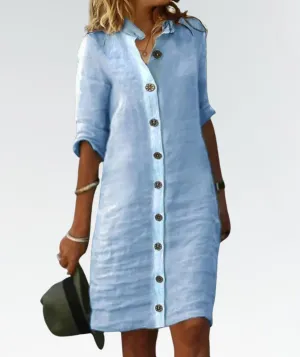 Women's Button-Up Shirt Dress - Relaxed Fit - Three-Quarter Sleeve - Lightweight Linen Blend