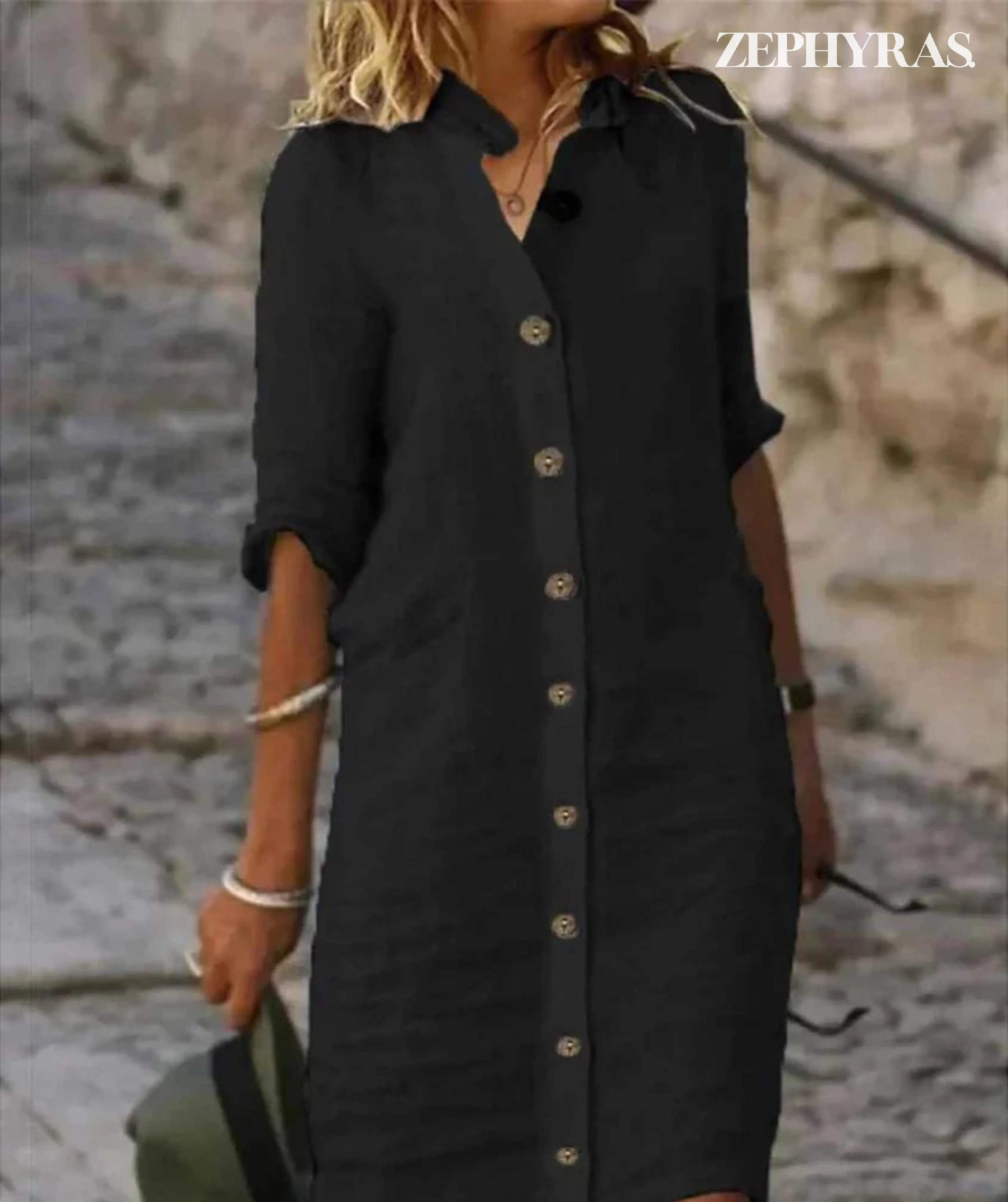 Women's Button-Up Shirt Dress - Relaxed Fit - Three-Quarter Sleeve - Lightweight Linen Blend