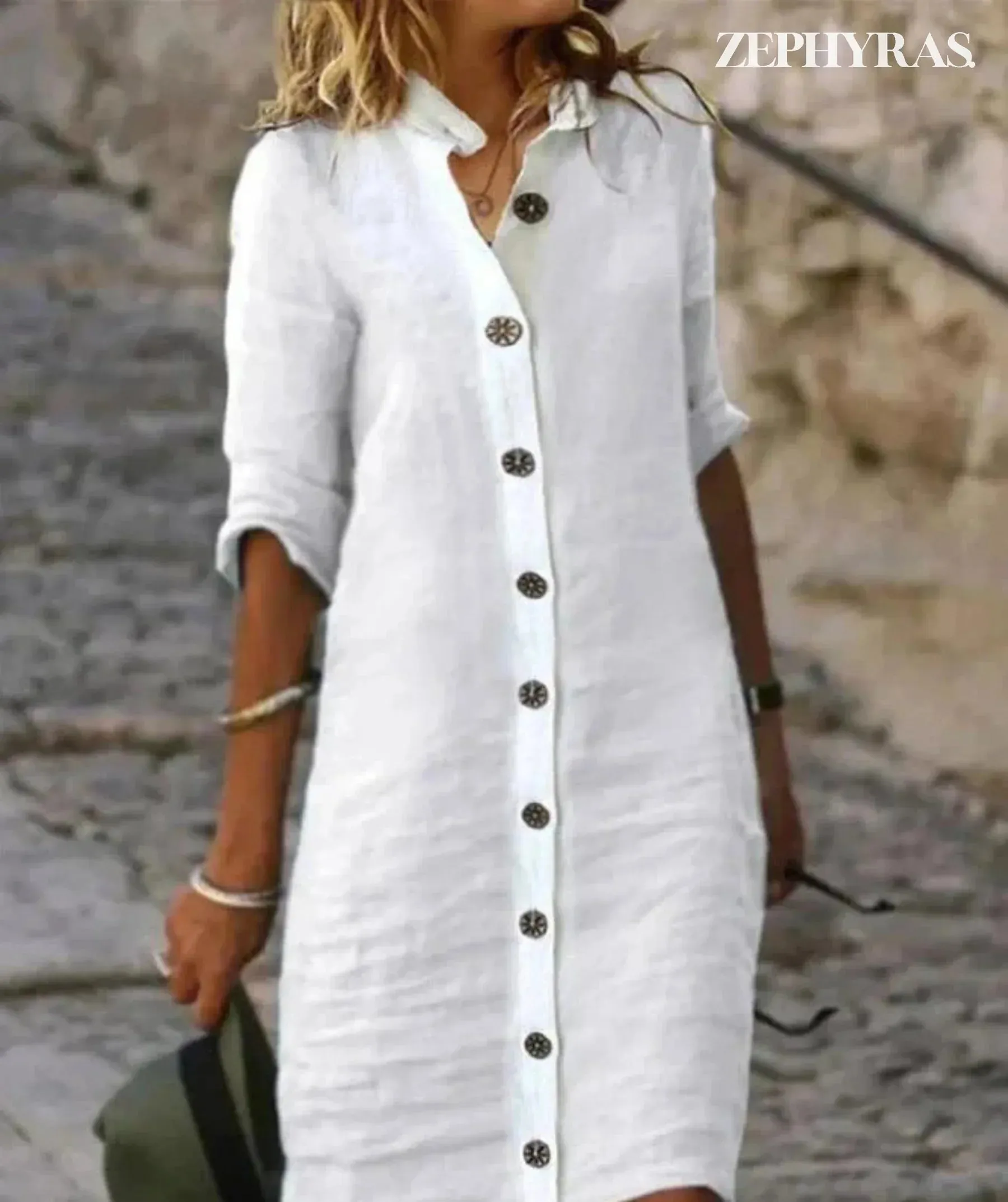 Women's Button-Up Shirt Dress - Relaxed Fit - Three-Quarter Sleeve - Lightweight Linen Blend